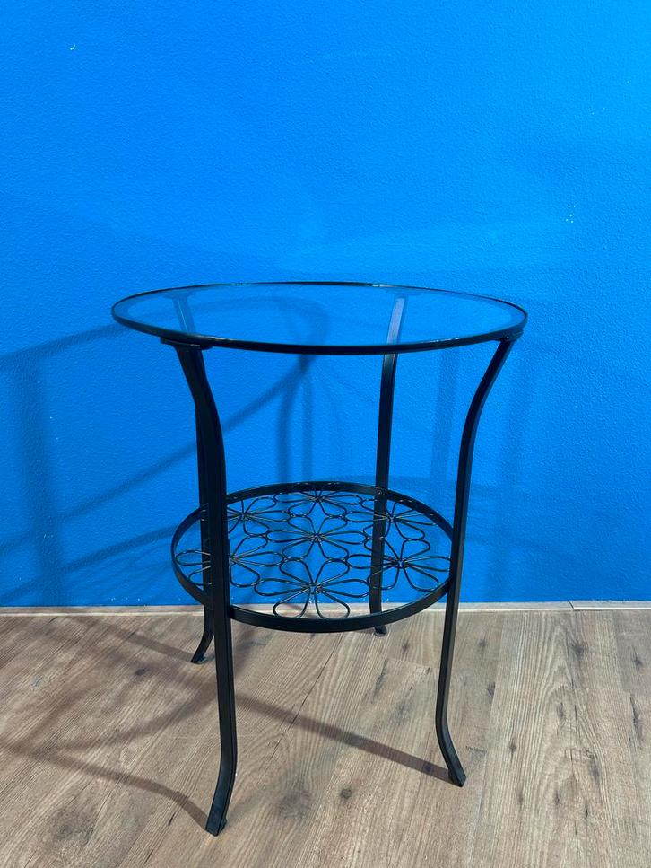 Zwart Metalen Bijzettafeltje met ronde Glasplaat, Huis en Inrichting, Tafels | Bijzettafels, Gebruikt, Rond, 60 cm of meer, Minder dan 55 cm