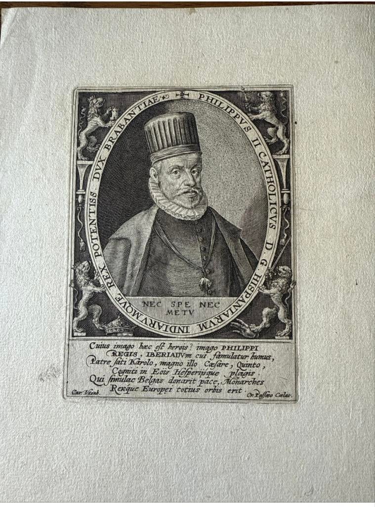 Antieke Gravure Filips II Spanje 17e Eeuw Latijnse Inscripti, Ophalen of Verzenden