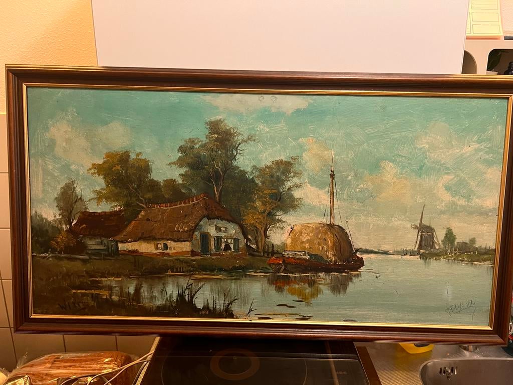 Olieverfschilderij Hollands Landschap met Molen en Schuit, Ophalen of Verzenden