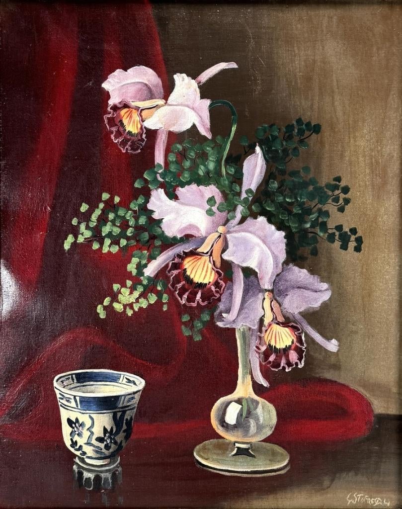 1409. Olieverfschilderij - stilleven orchideeën, 20e eeuw, Antiek en Kunst, Ophalen of Verzenden