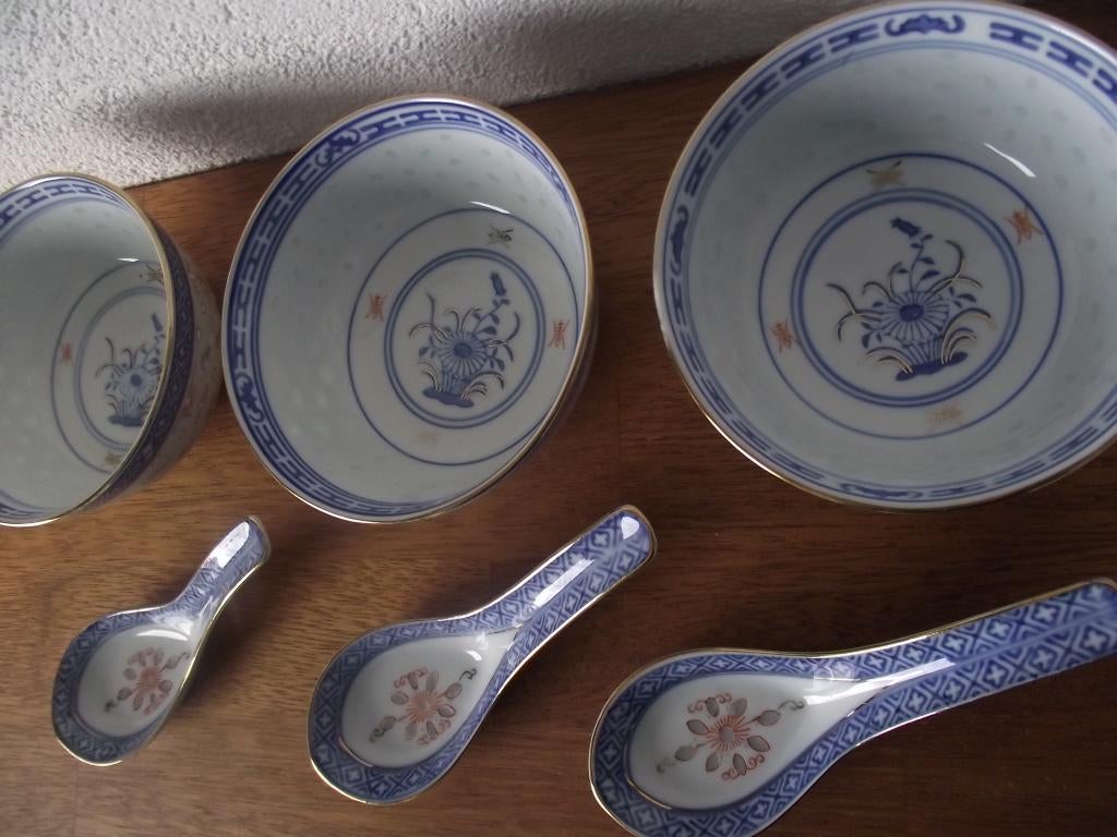 8 chinees porselein wanyu 3 rijstkom bloem 5 lepels goud p s, Ophalen of Verzenden