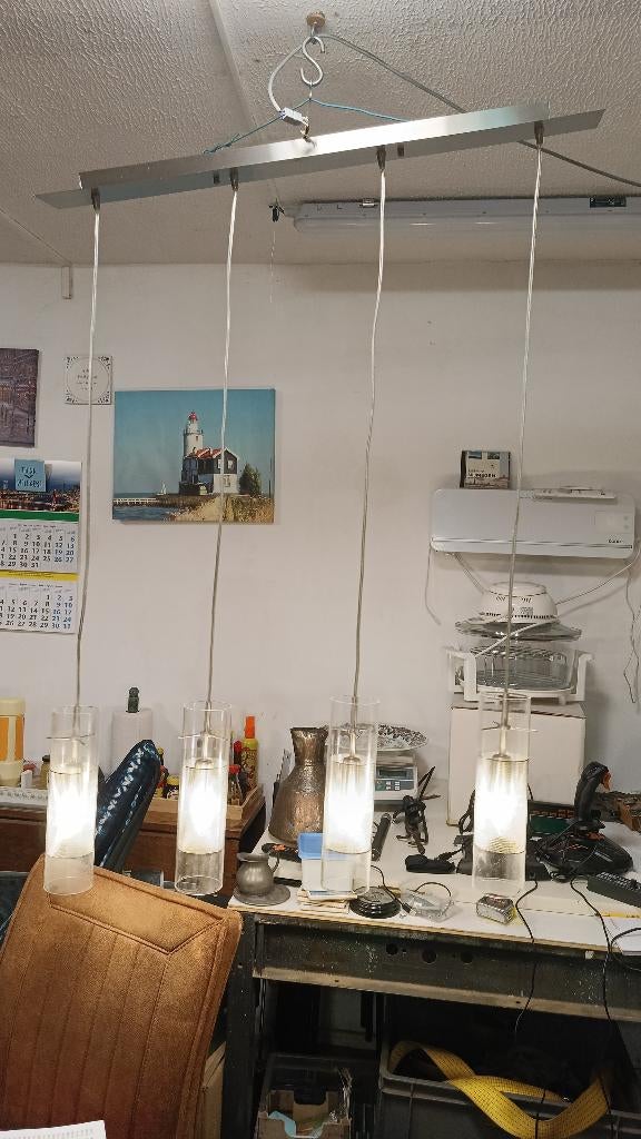 Design hanglamp met 4 glazen cilinders, Ophalen of Verzenden, Zo goed als nieuw, Glas, Modern