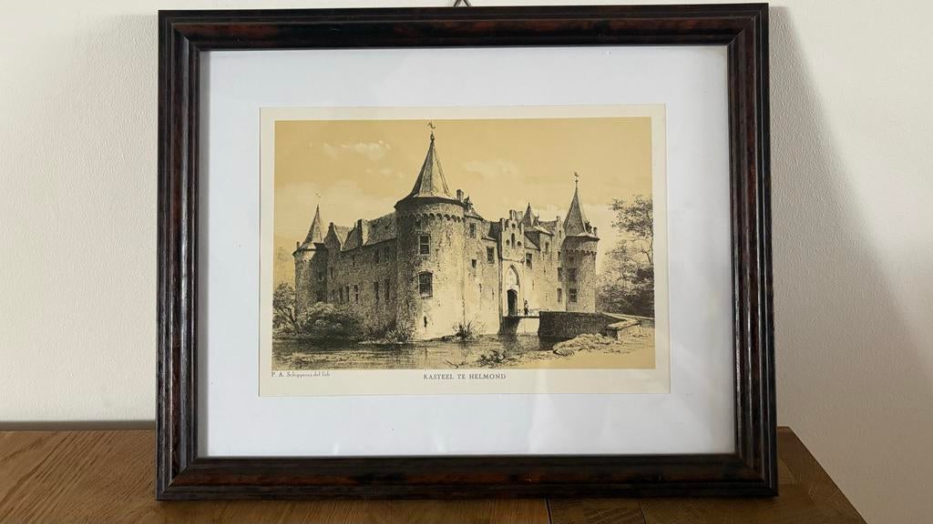 Litho “Kasteel te Helmond” – P.A. Schippers – ingelijst, Antiek en Kunst, Ophalen of Verzenden