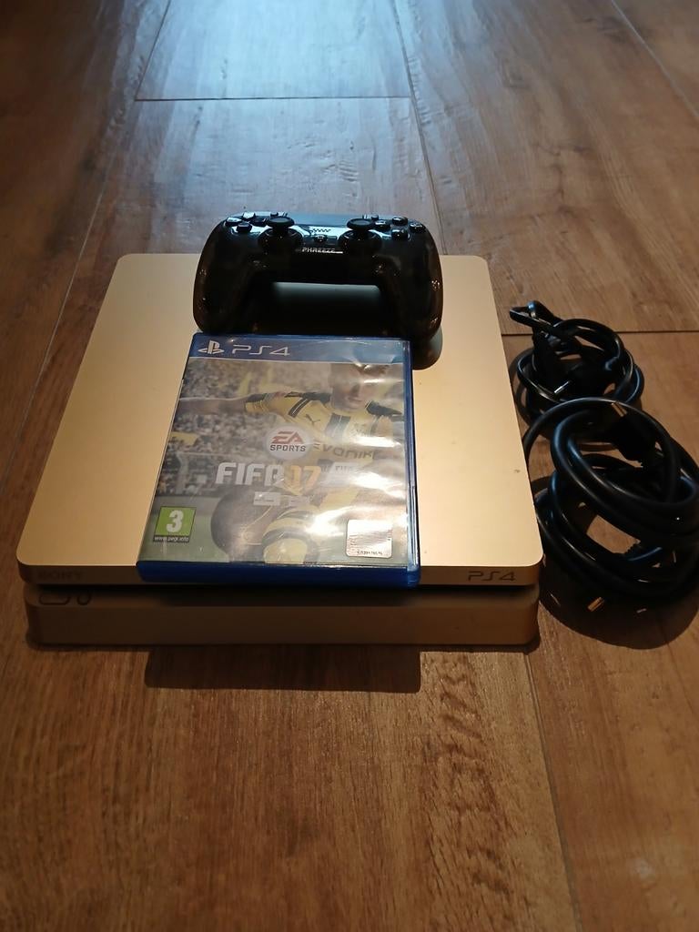 PS4 Slim Goud met FIFA 17 controller en kabels, Ophalen of Verzenden, Met 1 controller, Slim, 500 GB