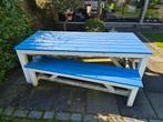 Hillhout tuintafel met 2 banken - opknapper, Tuin en Terras, Ophalen, Gebruikt, Rechthoekig, Hout