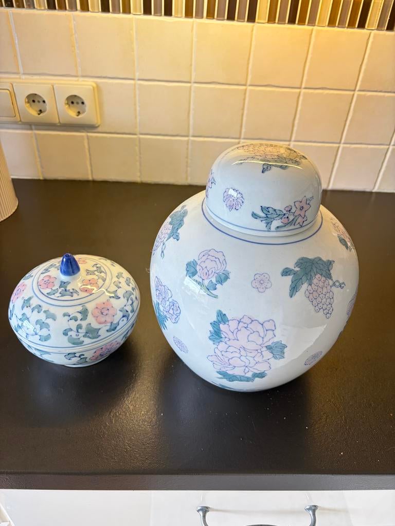 Decoratieve gemberpot met schaaltje en deksel, bloemmotief, Ophalen of Verzenden