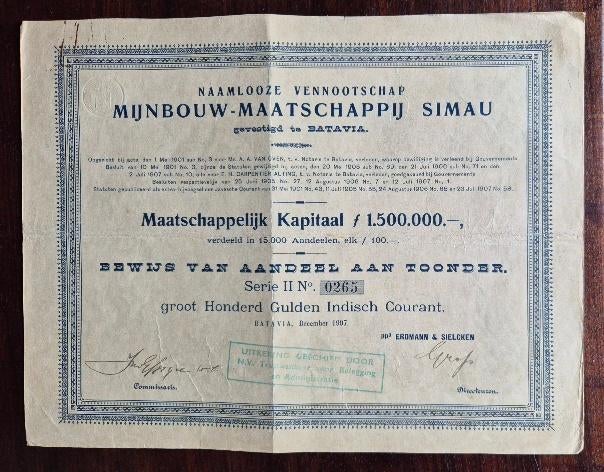 Mijnbouw Maatschappij Simau 1907 Batavia, Postzegels en Munten, Ophalen, Voor 1920, Aandeel
