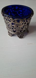 Zilveren jardiniere kobalt blauwe vaas met zilveren houder, Ophalen of Verzenden, Zilver