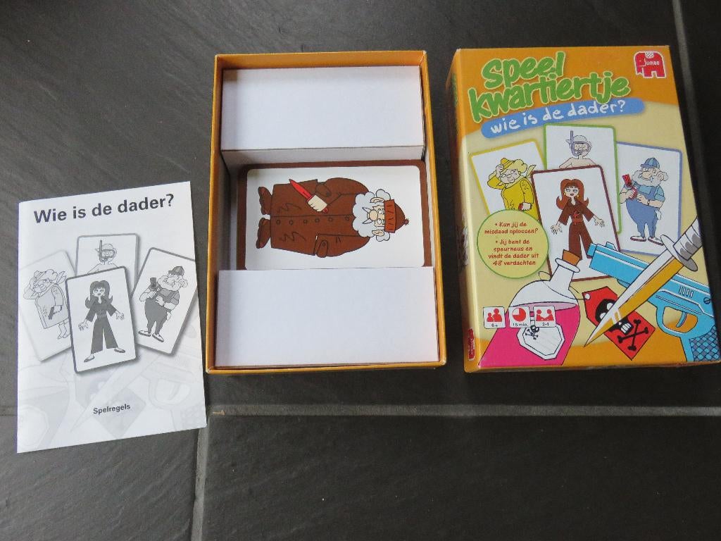 Wie is de dader, kaartspel vanaf 6 jaar. Mooi en compleet, Ophalen of Verzenden, Zo goed als nieuw