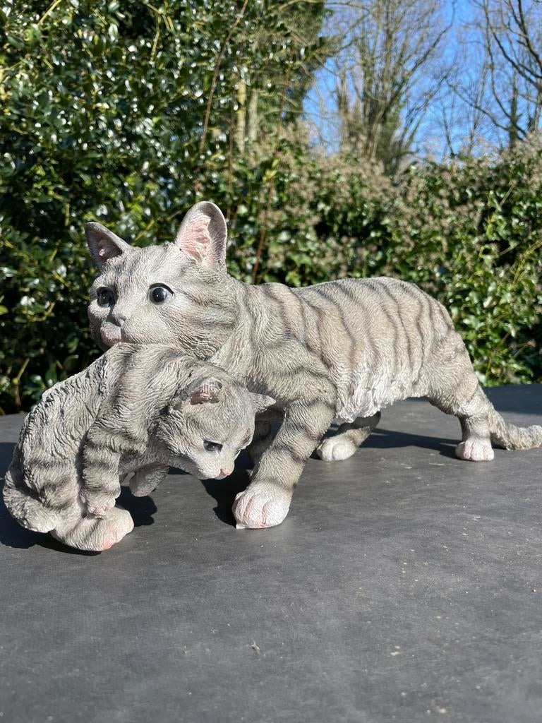 Kat poes met kitten beeld tuin huis, Ophalen, Nieuw, Kunststof, Dierenbeeld