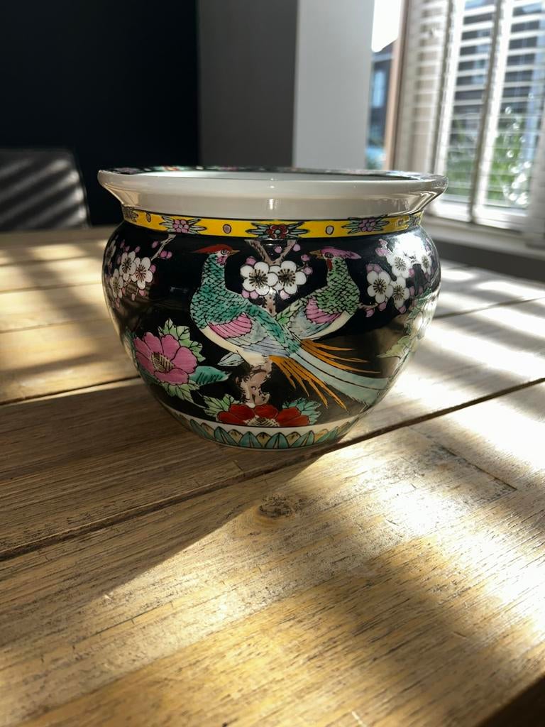 Chinese cache-pot met pioenen en goudfazanten, Ophalen of Verzenden