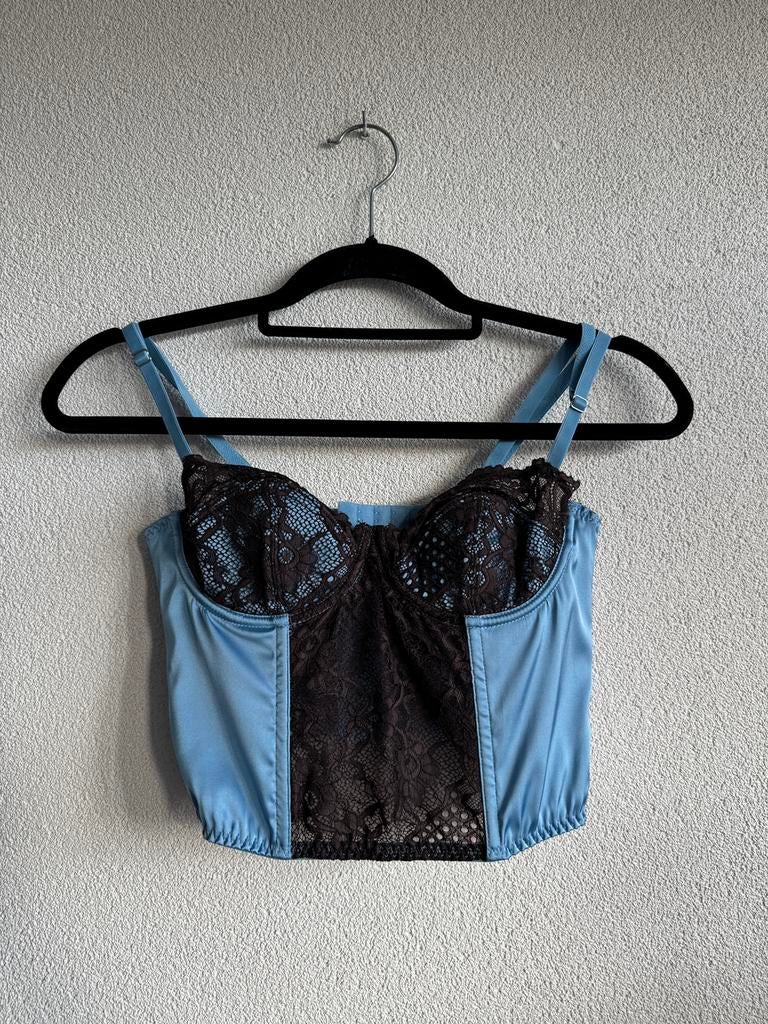 Urban Outfitters Y2K blauw kanten bustier korset topje, Maat 38/40 (M), Urban Outfitters, Blauw, Urban Outfitters