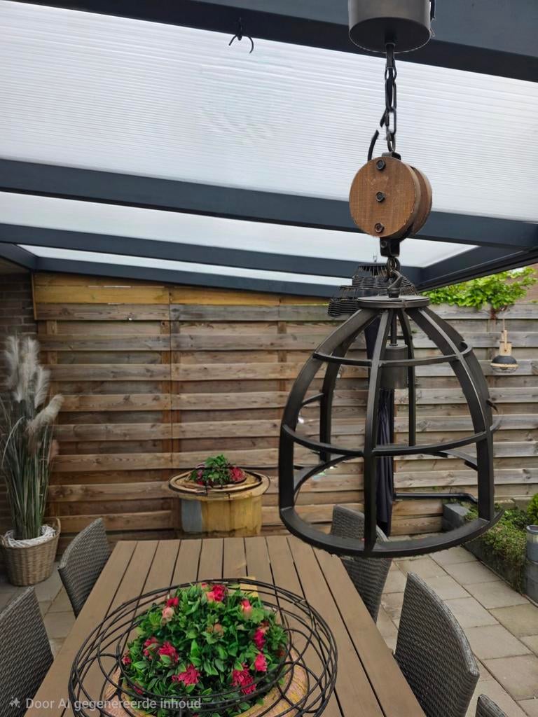 Hanglamp met houten katrol, Ophalen of Verzenden
