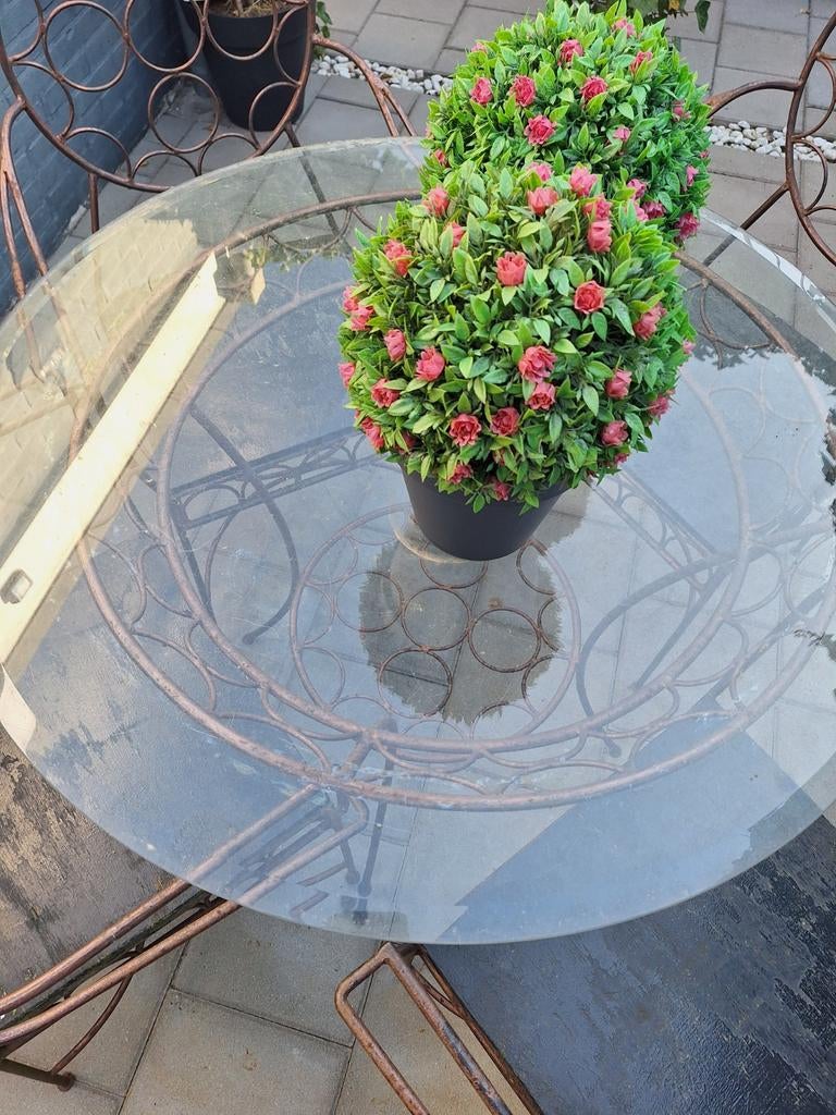 Leuk tuinsetje met glazen tafel en 4 stoelen, Gebruikt, Ophalen of Verzenden, Tuinset, Eettafel