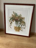 Geborduurd schilderij met bloemen in lijst, Ophalen of Verzenden