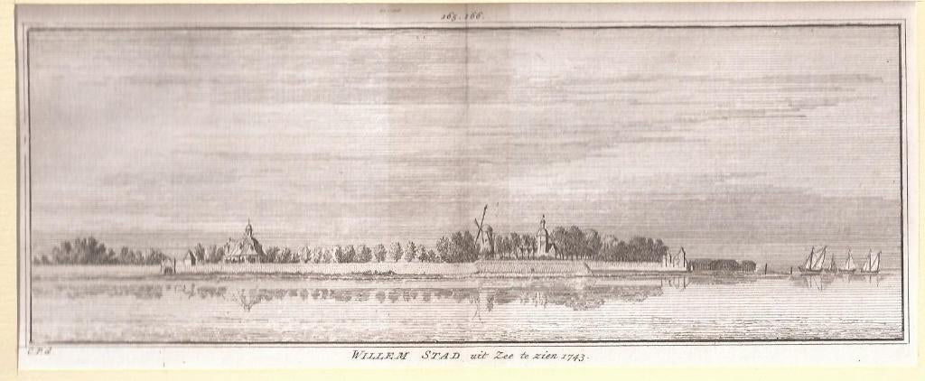 Willemstad. Willem Stad uit de Zee te zien 1743 Kopergravure, Stadsgezicht, Met tekst, Ophalen of Verzenden, Gravure