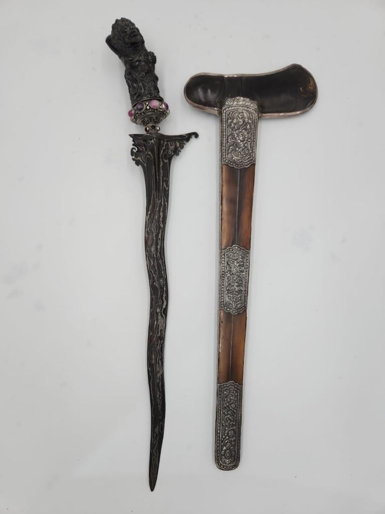 Keris Bali 5 Luk Ngulit Semongko Buffelhoorn Zilver KTB16, Antiek en Kunst, Verzenden