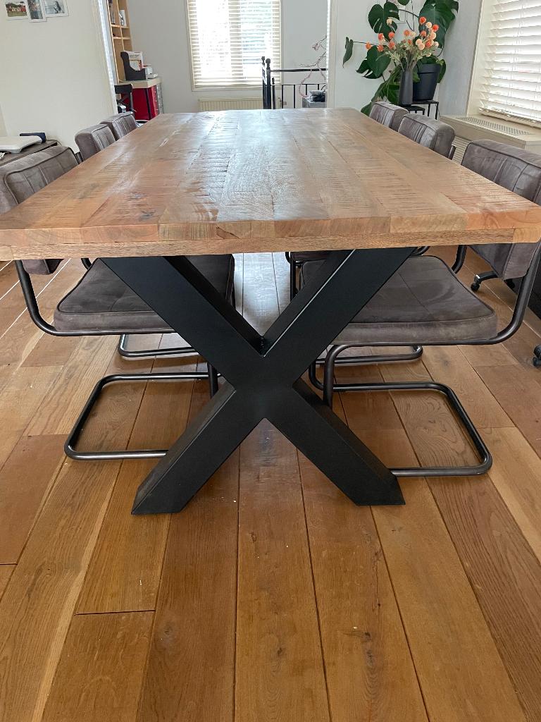 Mangohouten eettafel 220x100 cm  industriële X-poot, Ophalen, 200 cm of meer, 50 tot 100 cm, Zo goed als nieuw