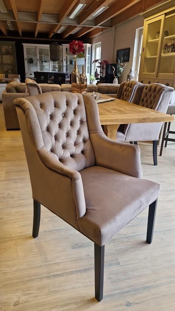 *VOORRAAD* 4 Landelijke Eetkamerstoelen Victoria Stof Taupe, Overige kleuren, Nieuw, Ophalen of Verzenden, Vier