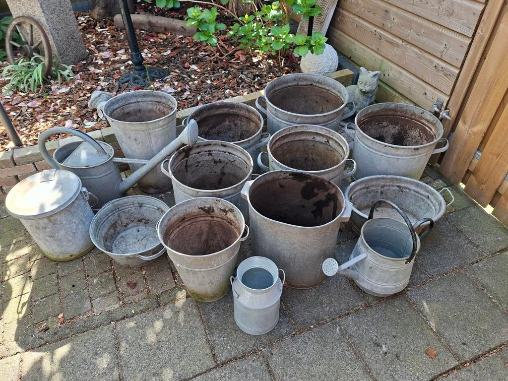 Partij zinken bakken, Tuin en Terras, Bloembakken en Plantenbakken, Ophalen, Rond, Metaal, Minder dan 30 cm
