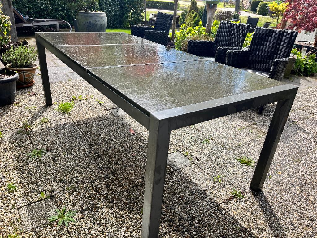 Aluminium Tuintafel met 3 Granieten " Losse " inleg bladen,, Ophalen, Gebruikt, Rechthoekig, Aluminium