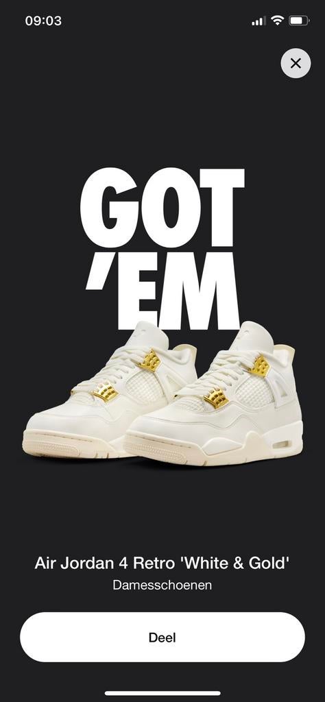 Nike Air Jordan 4 Retro - nieuw - maat 44,5 - ‘White & Gold’, Kleding | Heren, Schoenen, Wit, Nieuw, Ophalen of Verzenden, Sneakers of Gympen