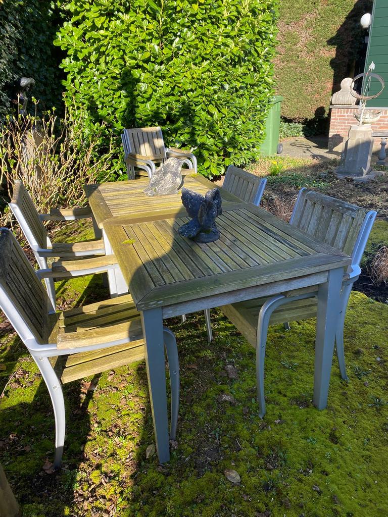 Leuke hout/metalen tuinset, Tuin en Terras, Tuinsets en Loungesets, Ophalen, 4 zitplaatsen, Gebruikt, Eettafel