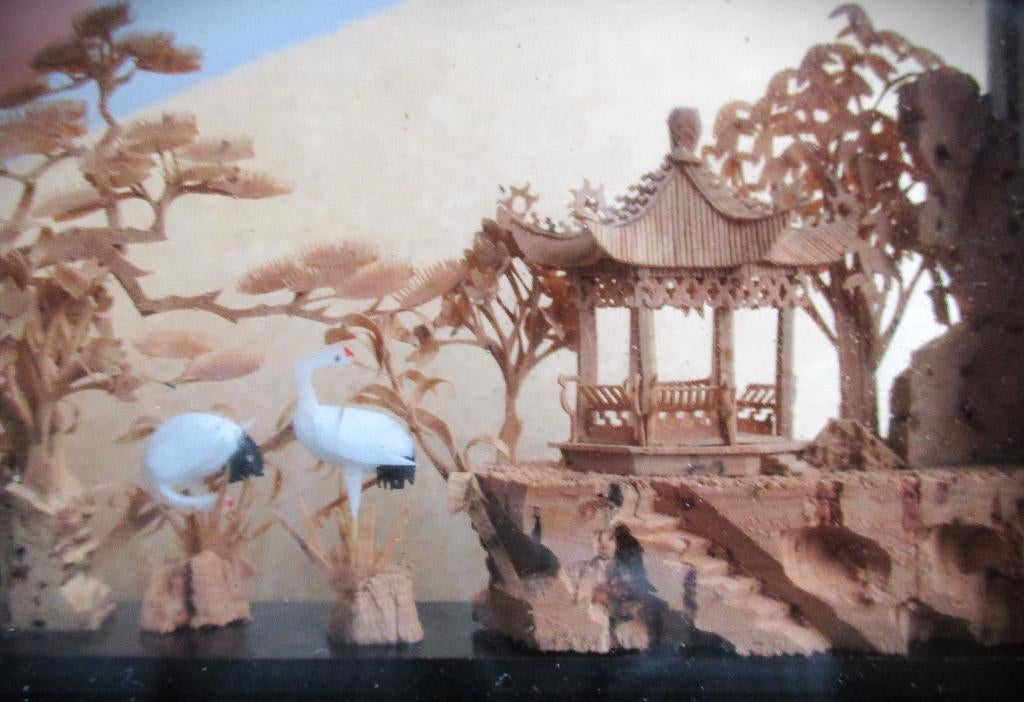 Kurk Diorama~witte kraanvogels~China~Taoisme~Kurkwerk, Ophalen of Verzenden