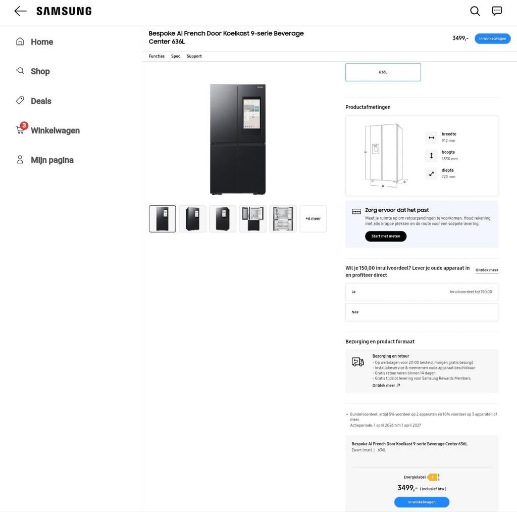 Samsung Bespoke French Door Koelkast 9-serie 636L Zwart, Witgoed en Apparatuur, Koelkasten en IJskasten, Ophalen, 200 liter of meer