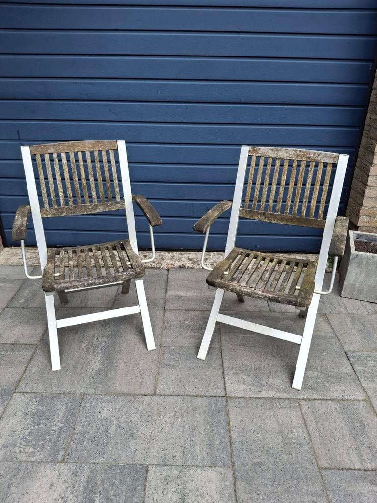 2x hardhouten tuinstoelen, Ophalen, Gebruikt, Hout, Inklapbaar