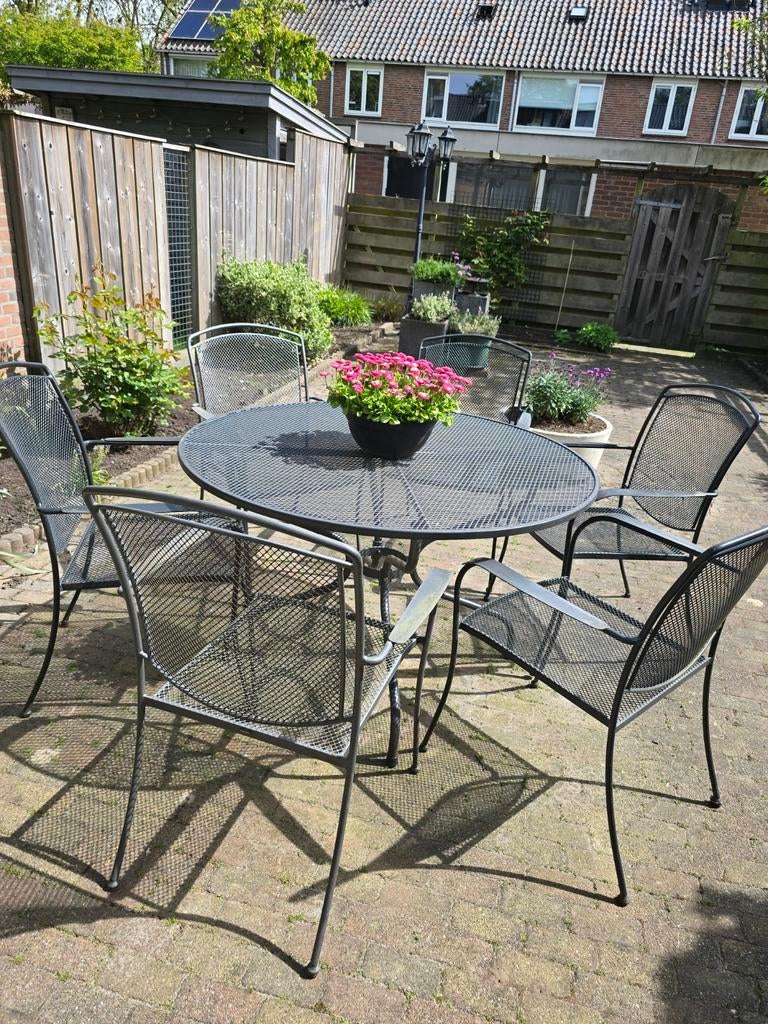 Royal Garden antraciet metalen tuinstel met 6 stoelen, Ophalen, Gebruikt, Overige materialen, 2 zitplaatsen