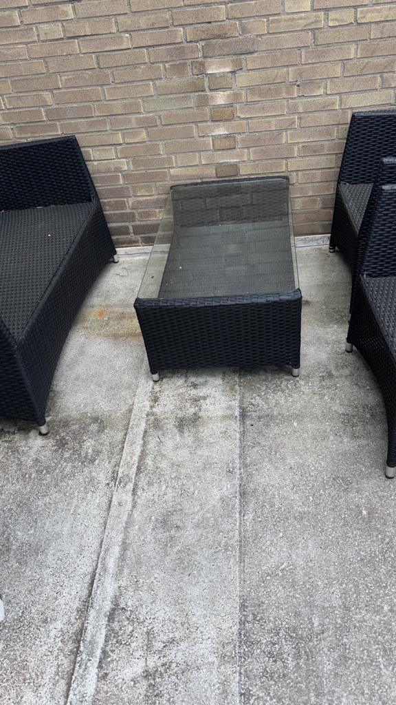 Zwarte Wicker Loungeset met Glazen Tafel, Tuin en Terras, Tuinsets en Loungesets, Gebruikt, Loungeset, Wicker, 3 zitplaatsen, Bank