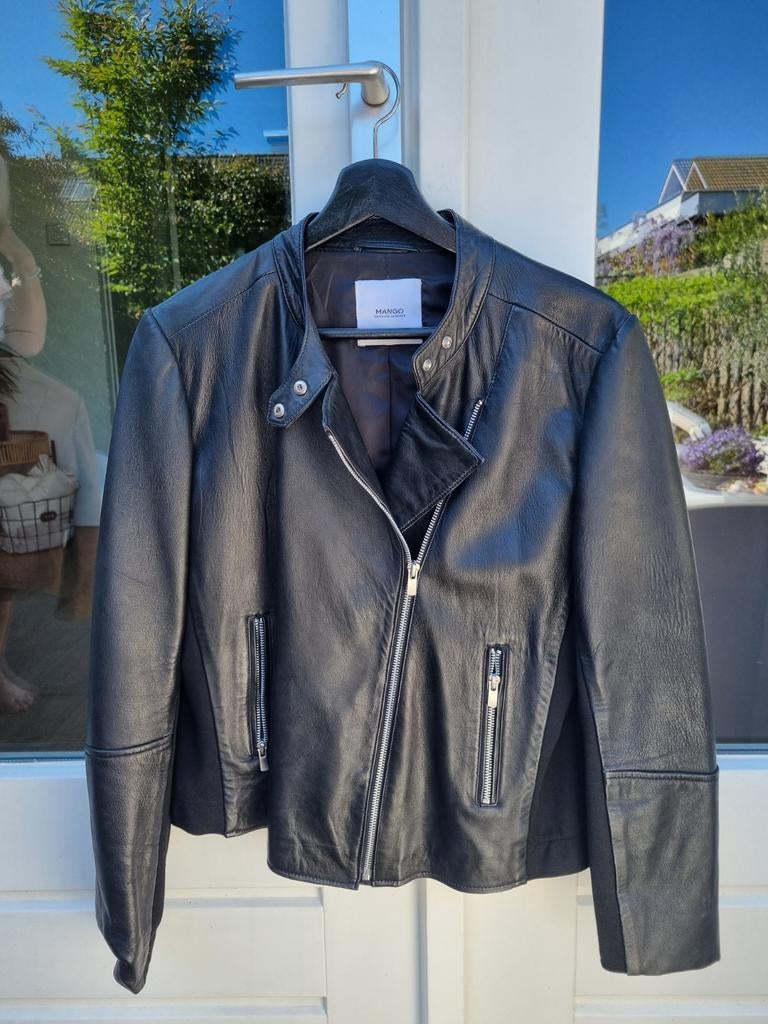 Zwart leren biker jasje met stoffen detail, Mango, Zwart, Maat 46/48 (XL) of groter, Ophalen of Verzenden
