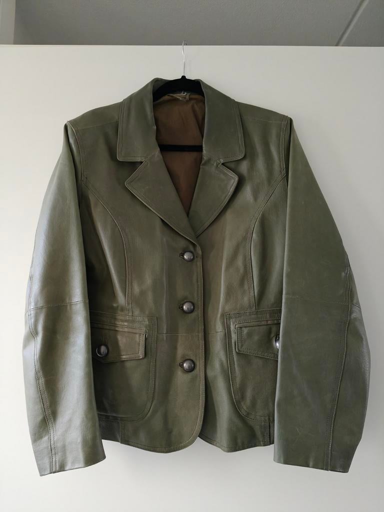 Khaki kleurige echte leren dames jas, Ophalen of Verzenden, Zo goed als nieuw, Maat 42/44 (L), Groen