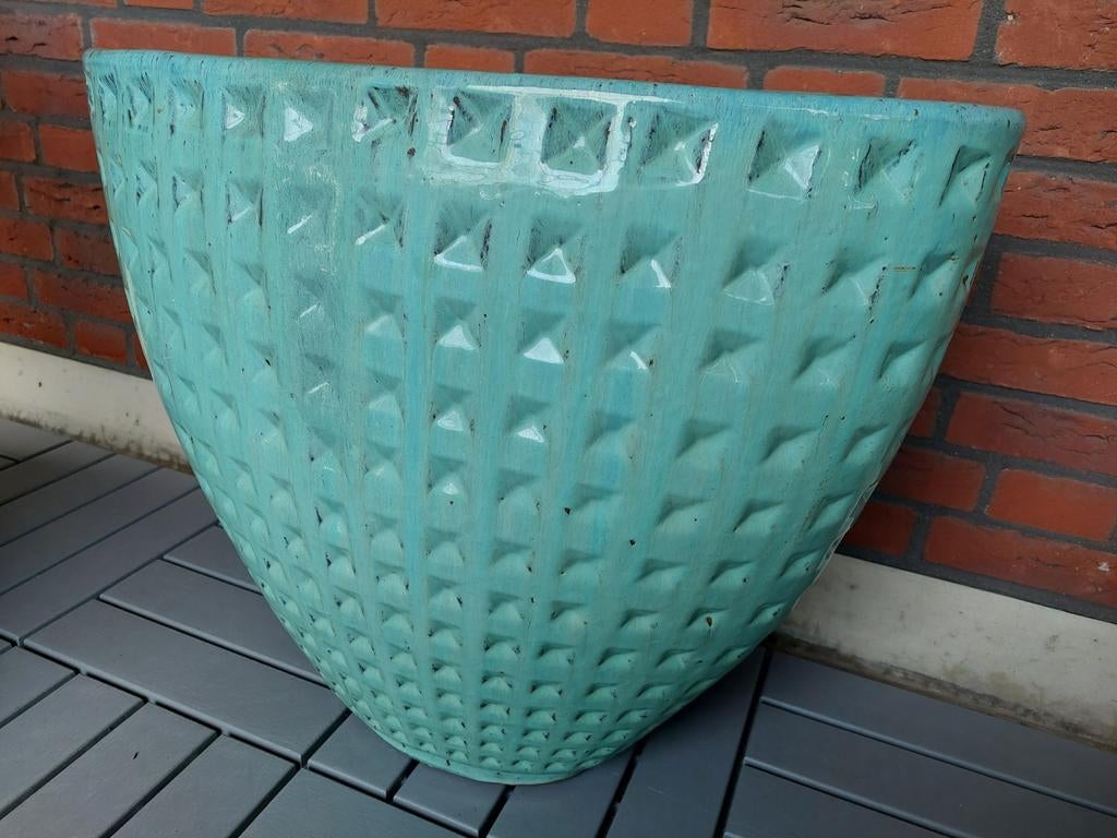 Grote ovalen turquoise bloempot/plantenbak 50 cm hoog, Ophalen, Zo goed als nieuw, Overige vormen, Aardewerk