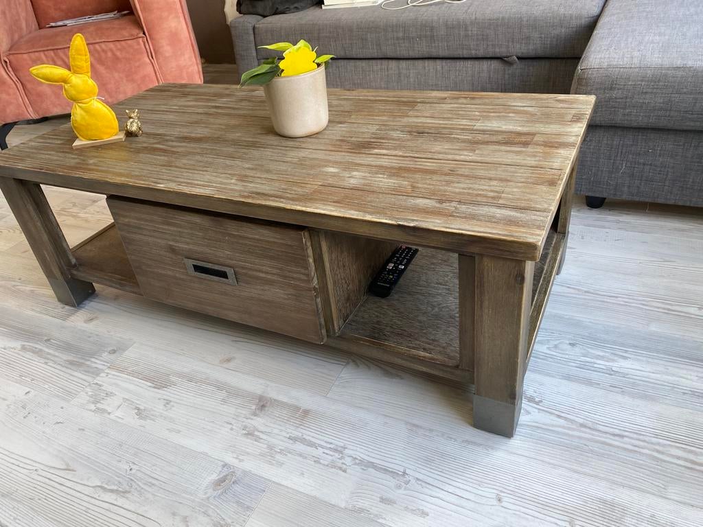 Acacia houten salontafel, Ophalen, 100 tot 150 cm, 50 tot 100 cm, Zo goed als nieuw
