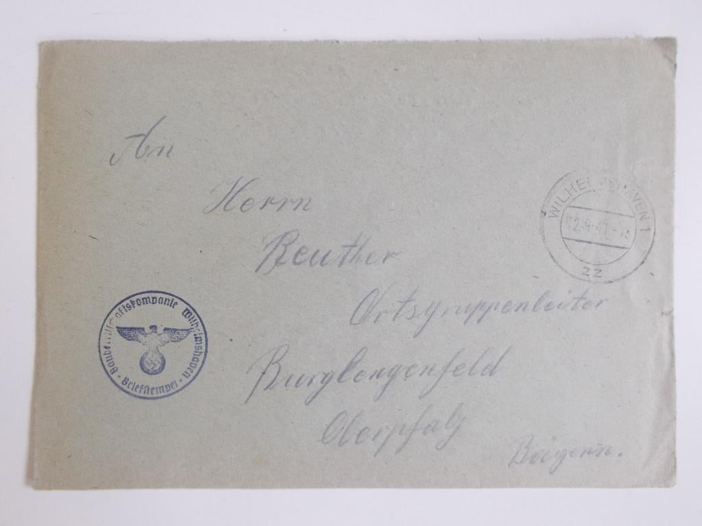 Duitse Rijk, Envelop Baubereitschaftskomp. Wilhelmshafen1941, Postzegels en Munten, Brieven en Enveloppen | Buitenland, Ophalen