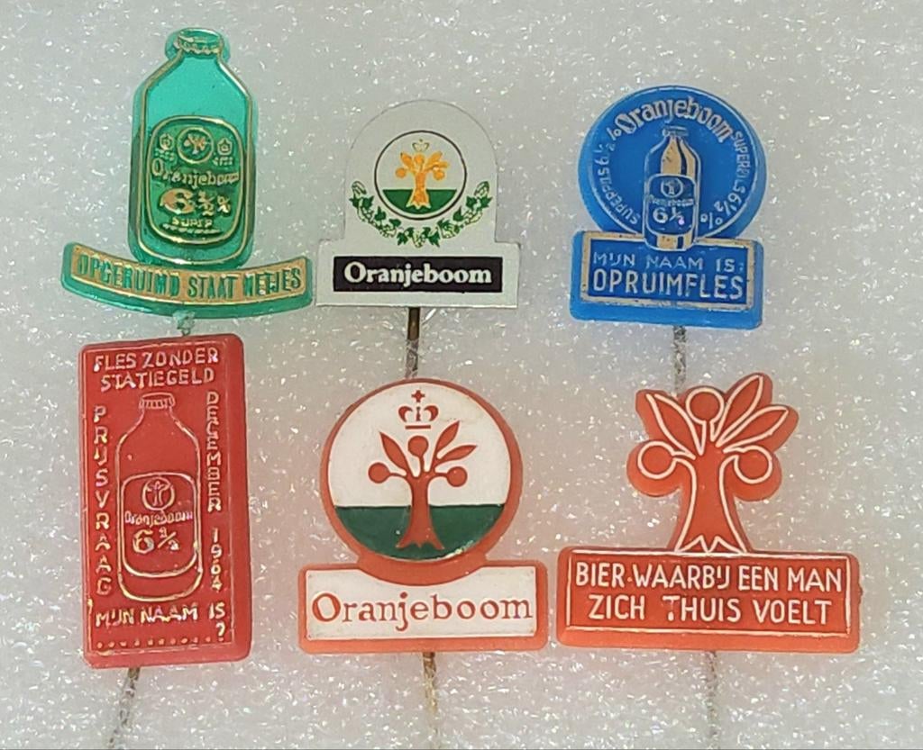 6 Vintage Oranjeboom Speldjes - Bier Reclame, Verzamelen, Ophalen of Verzenden, Gebruikt, Merk, Speldje of Pin