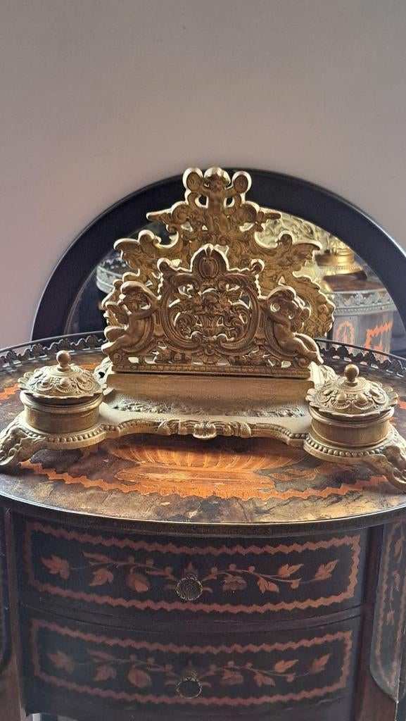 Antieke bronzen inktstel met cherubijnen, Ophalen of Verzenden