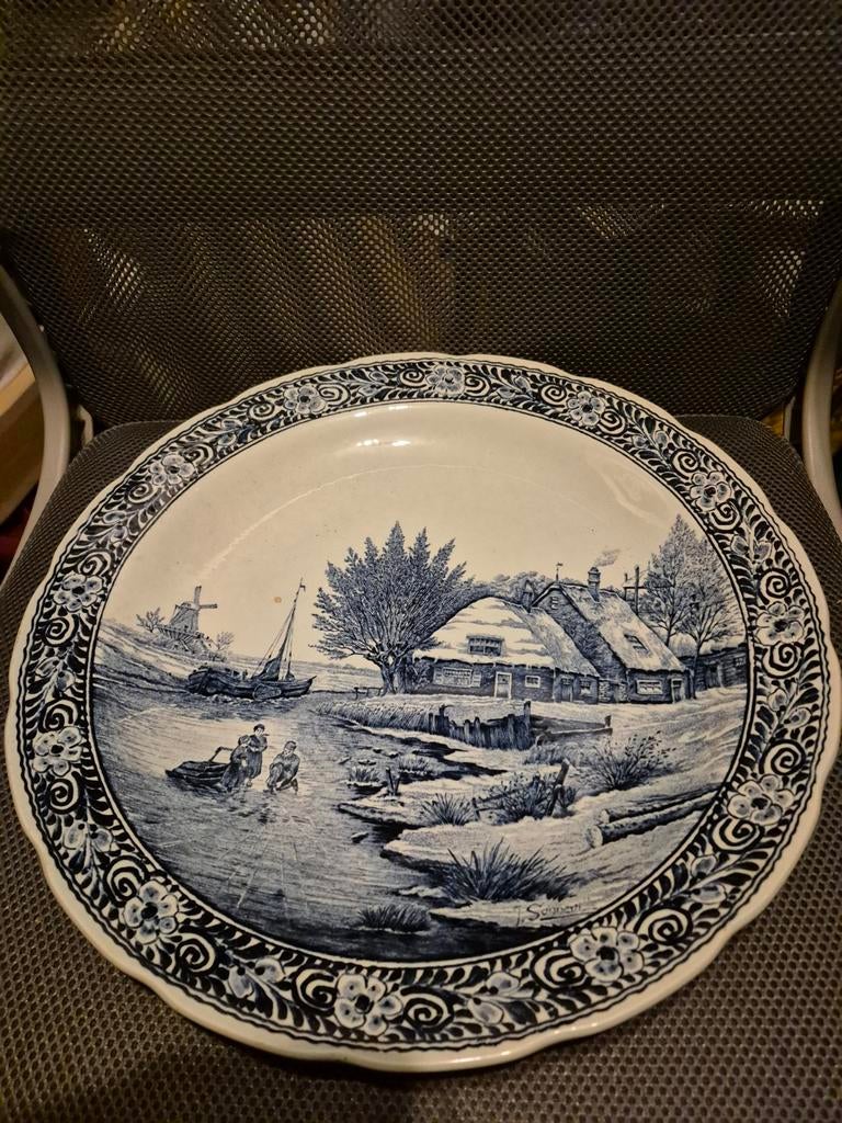 Delfts Blauw sierbord met Hollands winterlandschap, Ophalen of Verzenden