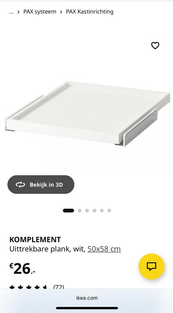 IKEA Komplement uittrekbare plank wit 50x58 cm PAX, Ophalen, Met plank(en), Minder dan 50 cm, Zo goed als nieuw