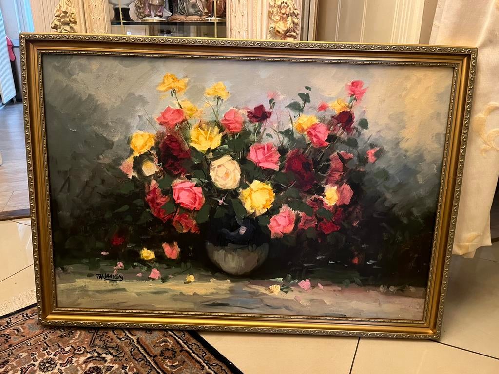 Prachtige groot olieverf bloemen schilderij, Ophalen of Verzenden