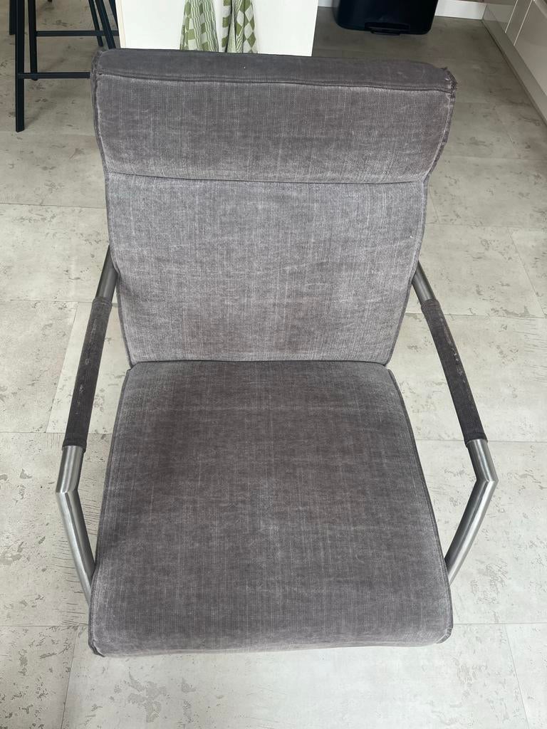 Eetkamerstoelen met armleuningen, Gebruikt, Ophalen of Verzenden, Metaal, Grijs