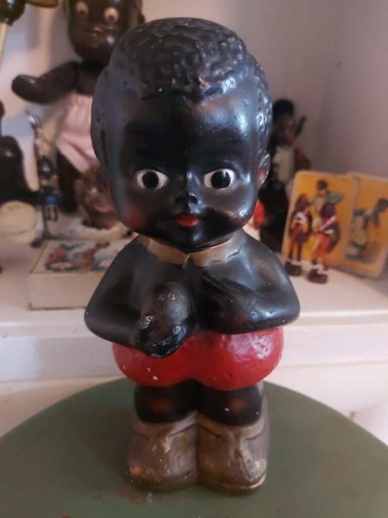 Vintage smash money bank,spaarpot,gips, zwart jongetje, Ophalen