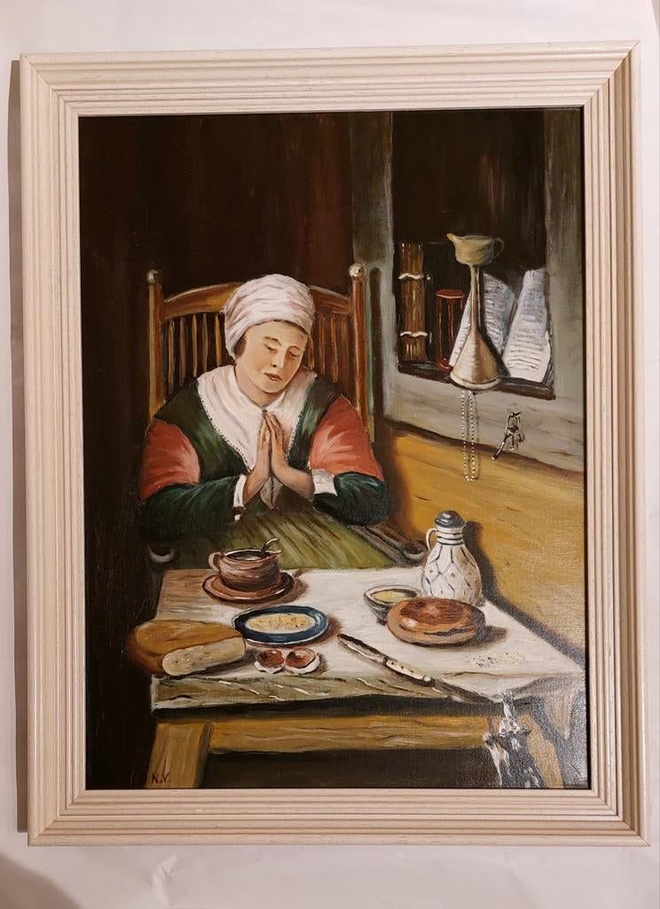 Olieverfschilderij: Vrouw aan tafel in gebed, Ophalen