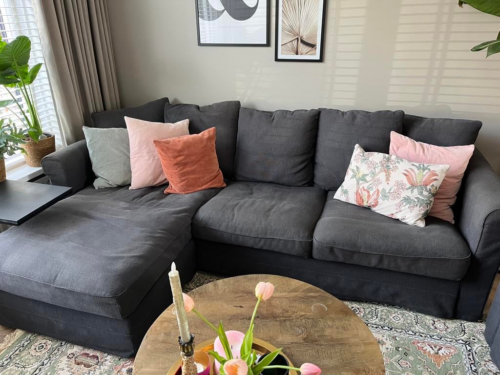 Ikea Grönlid hoekbank met chaise longue anthraciet grijs, Ophalen, Zo goed als nieuw, Stof