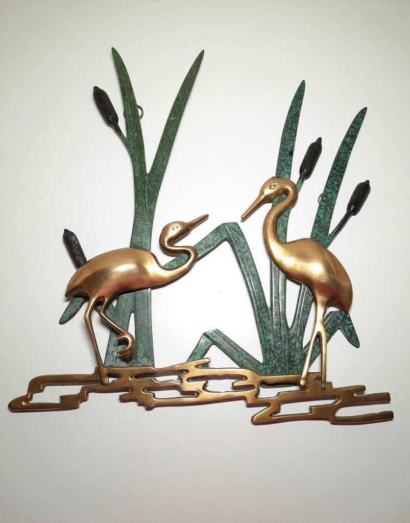Vintage Messing Kraanvogels Riet Wanddecoratie Jaren '60, Ophalen of Verzenden