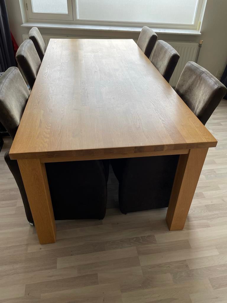 Eikenhouten eettafel met 6 stoelen op wieltjes, Ophalen, Gebruikt, Bruin, Vijf, Zes of meer stoelen