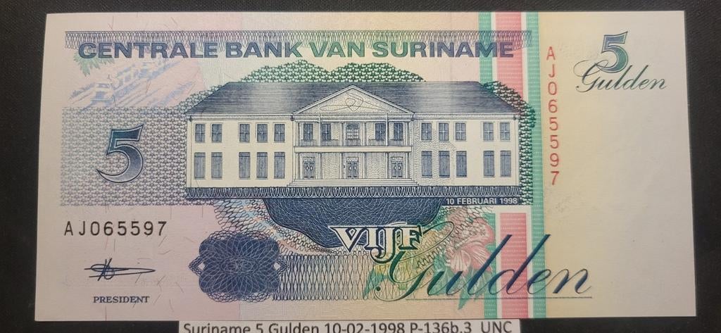 Suriname 5 Gulden 1998 P136b.3 UNC, Ophalen of Verzenden