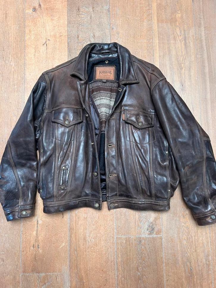 Vintage Redskins Trucker Spijkerjack Leer Bruin L, Kleding | Heren, Jassen | Winter, Gedragen, Maat 52/54 (L), Bruin, Ophalen of Verzenden